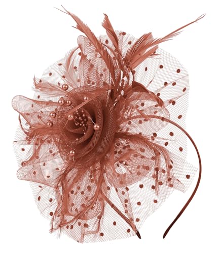 Fascinators Hat for Women Tea Party Headband Kentucky Derby Wedding Flower Cocktail Mesh Feathers Hair Clip - color: 1-coffee