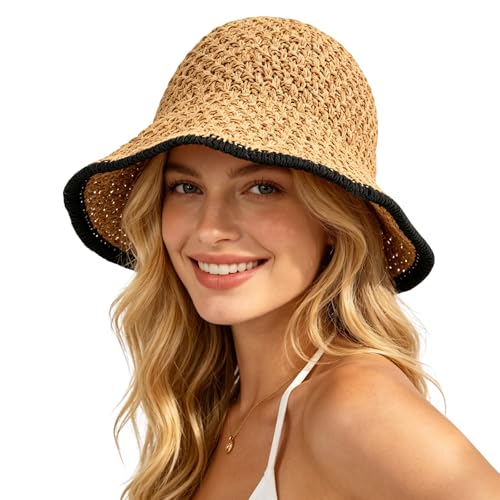 Sun Hat for Women Summer Straw Beach Hats Bucket Hat Floppy Crochet Hat - color: Khaki/Black