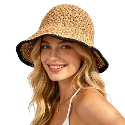 Sun Hat for Women Summer Straw Beach Hats Bucket Hat Floppy Crochet Hat - color: Khaki/Black