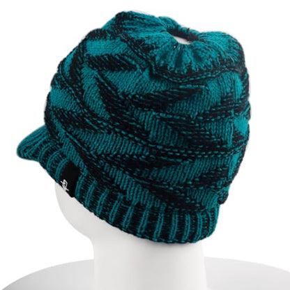 Women's BeanieTail Warm Knit Hat Messy High Bun Ponytail Visor Beanie Cap - color: B341-blue, size: Medium