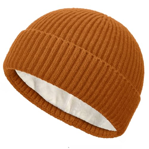 Short Wool Fisherman Beanie for Men Women Fleece Lined Winter Hat - color: 1pcs Camel