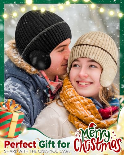 BEACE Winter Fleece Line Beanie Knit Hats with Ear Flaps for Men Women,Warm Thermal Stocking Caps for Outdoor Cold Weather - color: Beige