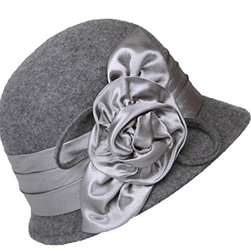 CL1489 Marilyn Vintage Style Wool Cloche Bucket Winter Hat with Satin Flower - color: A Charcoal Gray