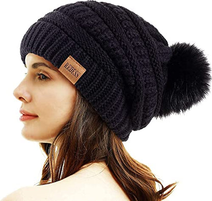 REDESS Women Winter Pom Pom Beanie Hat with Warm Fleece Lined - color: Black