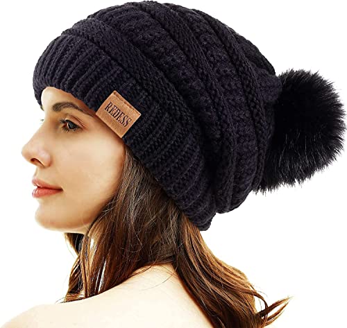 REDESS Women Winter Pom Pom Beanie Hat with Warm Fleece Lined - color: Black