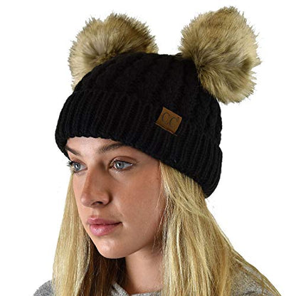 C.C 2 Ear Pom Pom Cable Knit Soft Stretch Cuff Skully Beanie Hat - color: Faux Fur Black