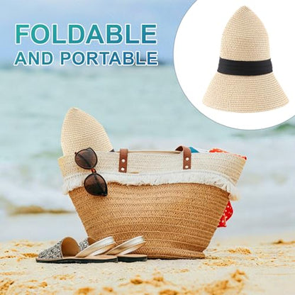 DRESHOW Women Straw Panama Hat Travel Fedora Beach Sun Hat Summer Wide Brim Straw Roll up Hats UPF 50+ - color: Fedora L Beige a