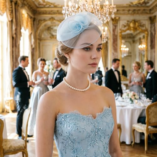 DRESHOW Fascinator Hats for Women Cocktail Tea Party Hat Netted Pillbox Hat Vintage Derby Hats for Bridal Wedding - color: Pillbox Hat: Light Blue