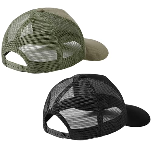 Suede Curved Brim Trucker Cap Adjustable Snapback Hat Mesh Back Breathable for Men Women 2 Pack SH03 - color: Pack of 2, Olive Green & Black