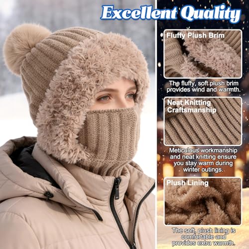 3 in 1 Beanie Hat for Women, Knitted Balaclava Hats,with Scarf and Mask,Face Mask Neck Scarf Set - color: Khaki