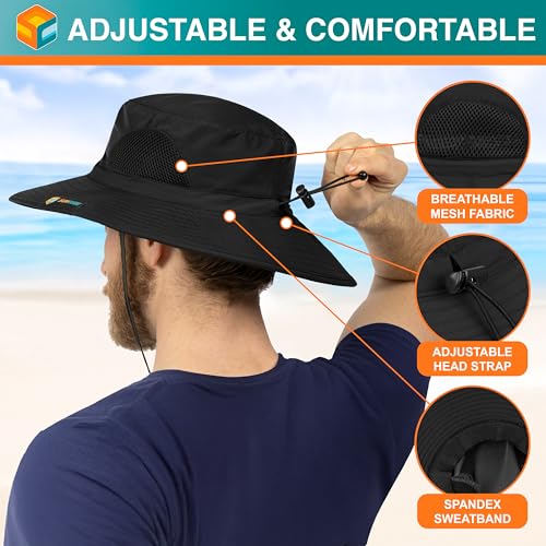 SUN CUBE Wide Brim Sun Hat for Men & Women, UPF 50+ UV Protection, Mesh Boonie Hat with Chin Strap, Fishing Hiking Hat - color: Black