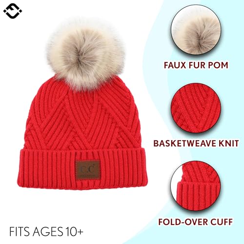 Funky Junque Women’s Pom Pom Beanie – Soft Knit Winter Hats for Women & Teens, Warm Fashionable Beanie with Faux Fur Poms - color: Red - Diagonal Stripes