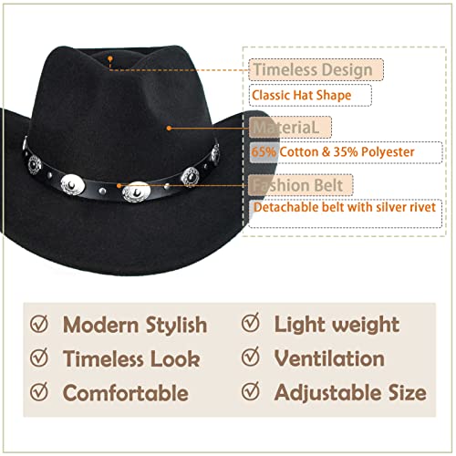 Black Cowboy Cowgirl Hat for Women Men Western Style Wide Brim Felt Fedora Panama Hat with Detachable Belt Buckle - color: Black-style a
