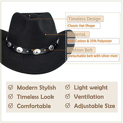 Black Cowboy Cowgirl Hat for Women Men Western Style Wide Brim Felt Fedora Panama Hat with Detachable Belt Buckle - color: Black-style a