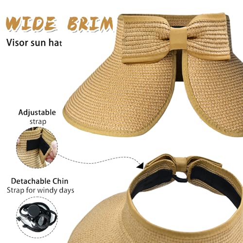 Women's Sun Visor Hats Wide Brim Straw Beach Hat Ponytail Hats for Women Foldable Floppy - color: 1pack-grey