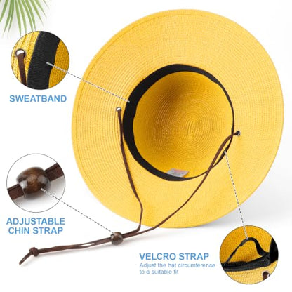DRESHOW Womens Summer Straw Sun Hat Wide Brim Bucket Hats Fedora Hat Panama Beach Hat with Chin Strap UPF 50+ - color: Straw Hat With Wind Lanyard: Yellow