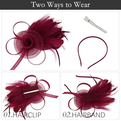 AMCAMI Fascinators Hats with Feather for Women 2026 Derby Hats Small Tea Party Hat with Headband - color: Dark Red