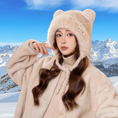 Women Winter Sherpa Beanie Hats Knit Ear Flap Hat Fleece Lined - color: Khaki