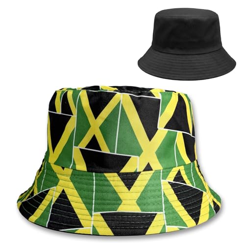 Reversible National Flag Bucket Hat Packable Sun Hat for Men Women Soccer Fan Fisherman Hat for Outdoor Travel Beach - color: Jamaica Flag