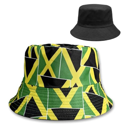 Reversible National Flag Bucket Hat Packable Sun Hat for Men Women Soccer Fan Fisherman Hat for Outdoor Travel Beach - color: Jamaica Flag