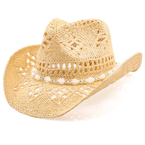 WQWOVRVO Cowboy Hat,Cowgirl Hat,Cowboy Hats for Women/Mens/Straw Wide with Shapeable Brim Cowboy Hat for Womens/White/Black. - color: Beige+white
