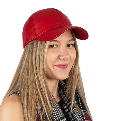 Genuine Leather Unisex Baseball Cap - color: Red