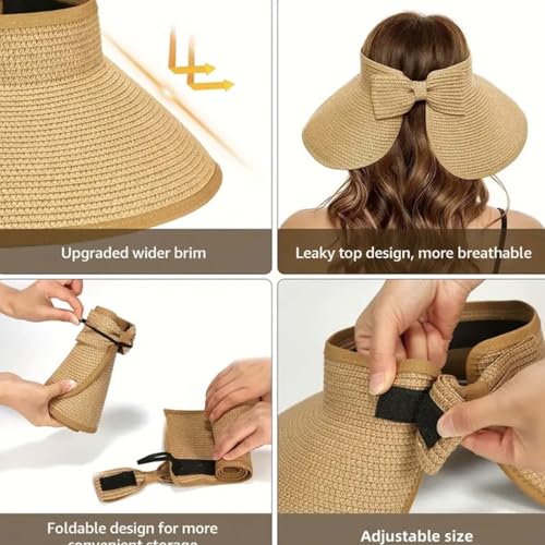 Sun Visor Hats for Women Adjustable Wide Brim Straw Sun Hat Roll-Up Ponytail Straw Hat Packable Summer Beach Hats - color: Beige