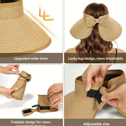 Sun Visor Hats for Women Adjustable Wide Brim Straw Sun Hat Roll-Up Ponytail Straw Hat Packable Summer Beach Hats - color: Beige