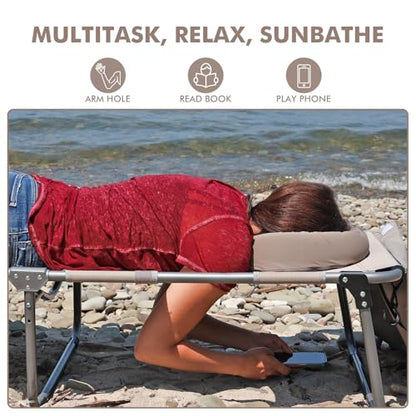 Oversized Extra Wide Tanning Chair with Sun Canopy Face Hole Padded Adjustable Washable, Heavy Duty Layout Folding Lounge Chair for Outside Beach Reading Sunbathing, UPF 50+, XL, Plus Size, 330 LBS - color: Beige, size: Oversized