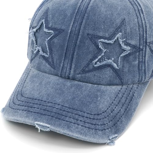 Retro Washed Distressed Baseball Cap with Five Pointed Stars for Women Men - color: Navy
