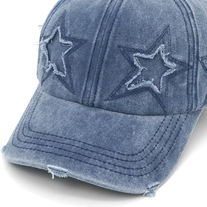 Retro Washed Distressed Baseball Cap with Five Pointed Stars for Women Men - color: Navy
