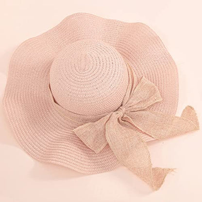 Women Floppy Sun Hat with Wide Brim, Foldable Roll-Up Straw Beach Hat Summer Hat for Travel - color: Pink