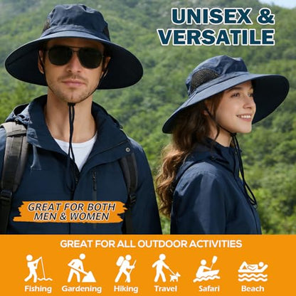 Wide Brim Sun Bucket Hat, Waterproof Boonie Hat for Men & Women - color: 01 Navy Blue