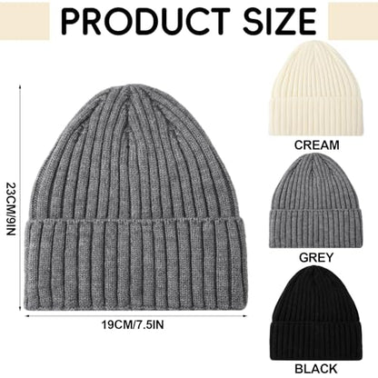 Shihanee 3 Pack Wool Knit Beanie Hats Ribbed Cuffed Winter Slouchy Hats