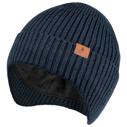 Ocatoma Winter Beanie with Earflap for Men Women Knit Hat Outdoor Unisex - color: Navy
