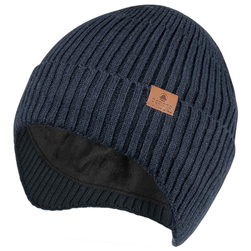 Ocatoma Winter Beanie with Earflap for Men Women Knit Hat Outdoor Unisex - color: Navy