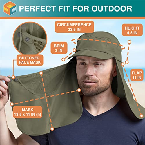 SUN CUBE Fishing Sun Hat with Neck Flap & Face Cover, Wide Brim UPF50+ Cap - color: Olive