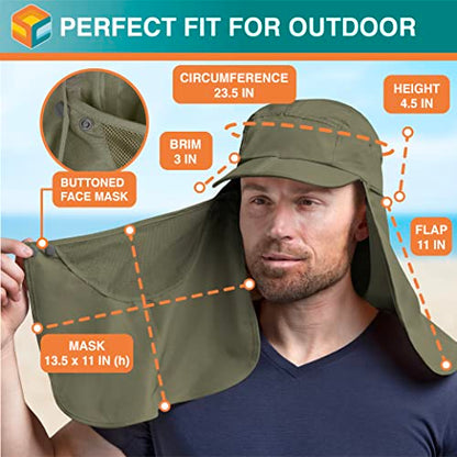 SUN CUBE Fishing Sun Hat with Neck Flap & Face Cover, Wide Brim UPF50+ Cap - color: Olive