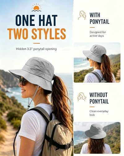 Womens Ponytail Sun Hat UPF50+ Waterproof Bucket Hat Packable Beach Hat - color: Light Grey