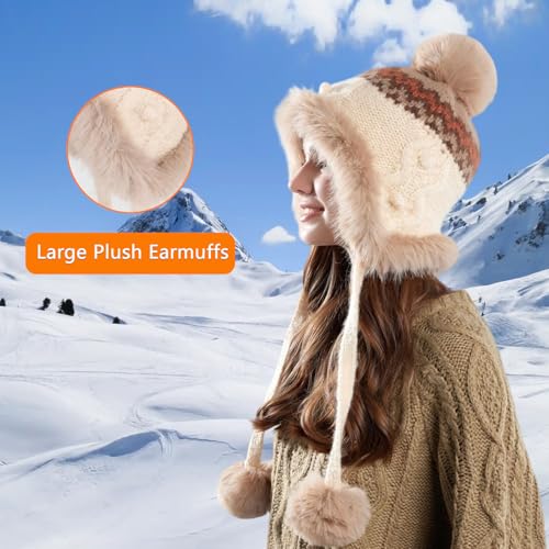 Women Winter Sherpa Beanie Hats Knit Ear Flap Hat Fleece Lined - color: Patterned Beige