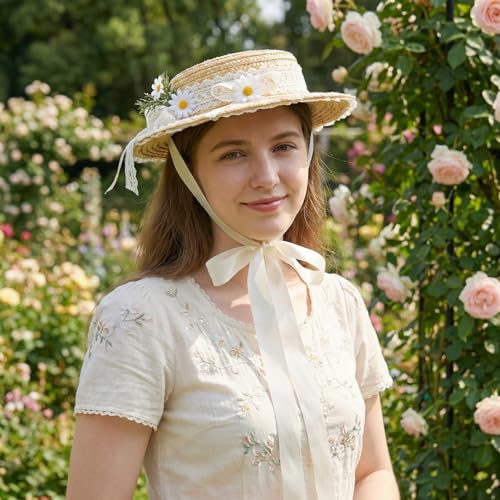 Victorian Tea Party Sun Hat, Wide Brim Straw Flat Cap - color: White