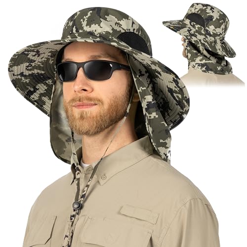 SUN CUBE Wide Brim Sun Hat for Men & Women, UPF 50+ UV Protection, Mesh Boonie Hat with Chin Strap, Fishing Hiking Hat - color: Camo Green With Flap