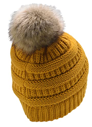 C.C Trendy Fuzzy Fleece Lined Warm Comfortable Soft Stretch Cable Knit Ribbed Faux Fur Pom Pom Beanie Hat - color: Mustard Yellow