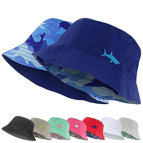 Kids Bucket Hat for Girls & Boys, Packable Fun & Cool Reversible Beach Sun Teen Toddler Bucket Hat - Ages 3-14 Years - color: Blue/Camo Shark, size: 3-7 Years