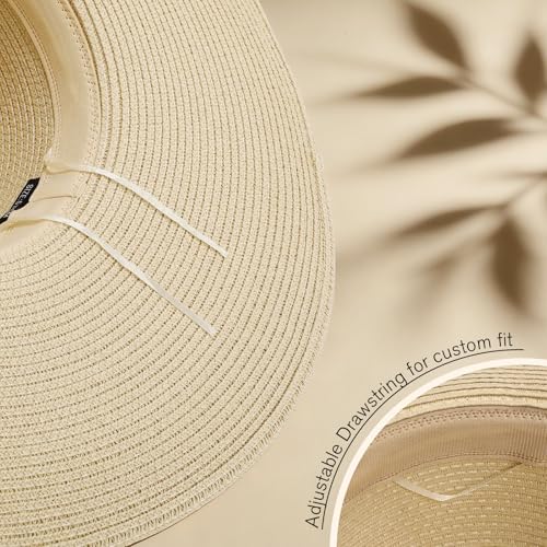 Women's Sun Straw Hat Wide Brim Floppy Foldable Hats Beach Travel Summer Vacation Hat UPF 50+ - color: Light Beige
