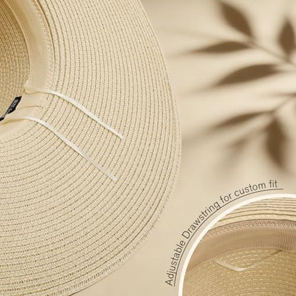 Women's Sun Straw Hat Wide Brim Floppy Foldable Hats Beach Travel Summer Vacation Hat UPF 50+ - color: Light Beige