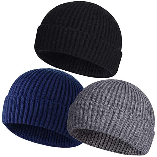 vidsel Wool Knit Cuff Short Fisherman Beanie for Men Women, Winter Warm Hat - color: Black, Gray, Navy Blue