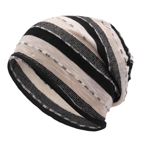 ZLYC Cotton Thin Slouchy Beanie Hat for Men Women Stretch Skull Cap - color: Stripes Black, size: One Size