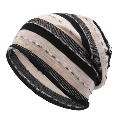 ZLYC Cotton Thin Slouchy Beanie Hat for Men Women Stretch Skull Cap - color: Stripes Black, size: One Size