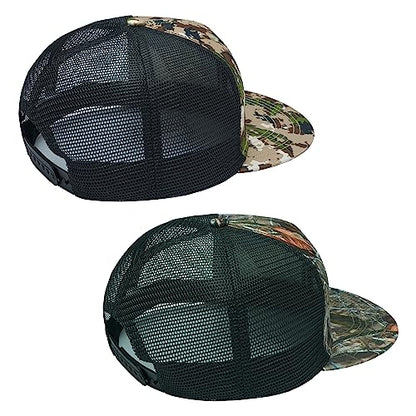 BASSDASH 2 Pack Flat Brim Trucker Cap Adjustable Snapback Hat Mesh Back for Men Women Fishing Hunting - color: Pack of 2,highland & Autumn Forest